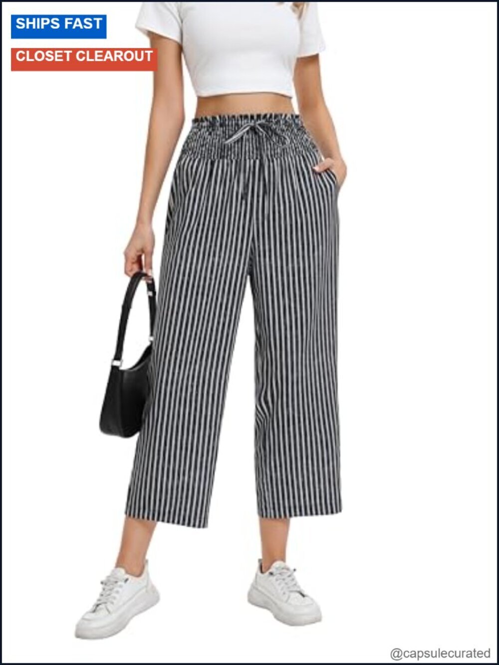 Wide Leg Palazzo Pants Smocked High Waisted Flowy Crop Beach Pants with Pockets